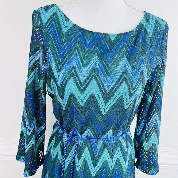 Sharagano Blue and Black Chevron Retro Bell Sleeved Midi Dress. Size 8. EUC. - Picture 2 of 9